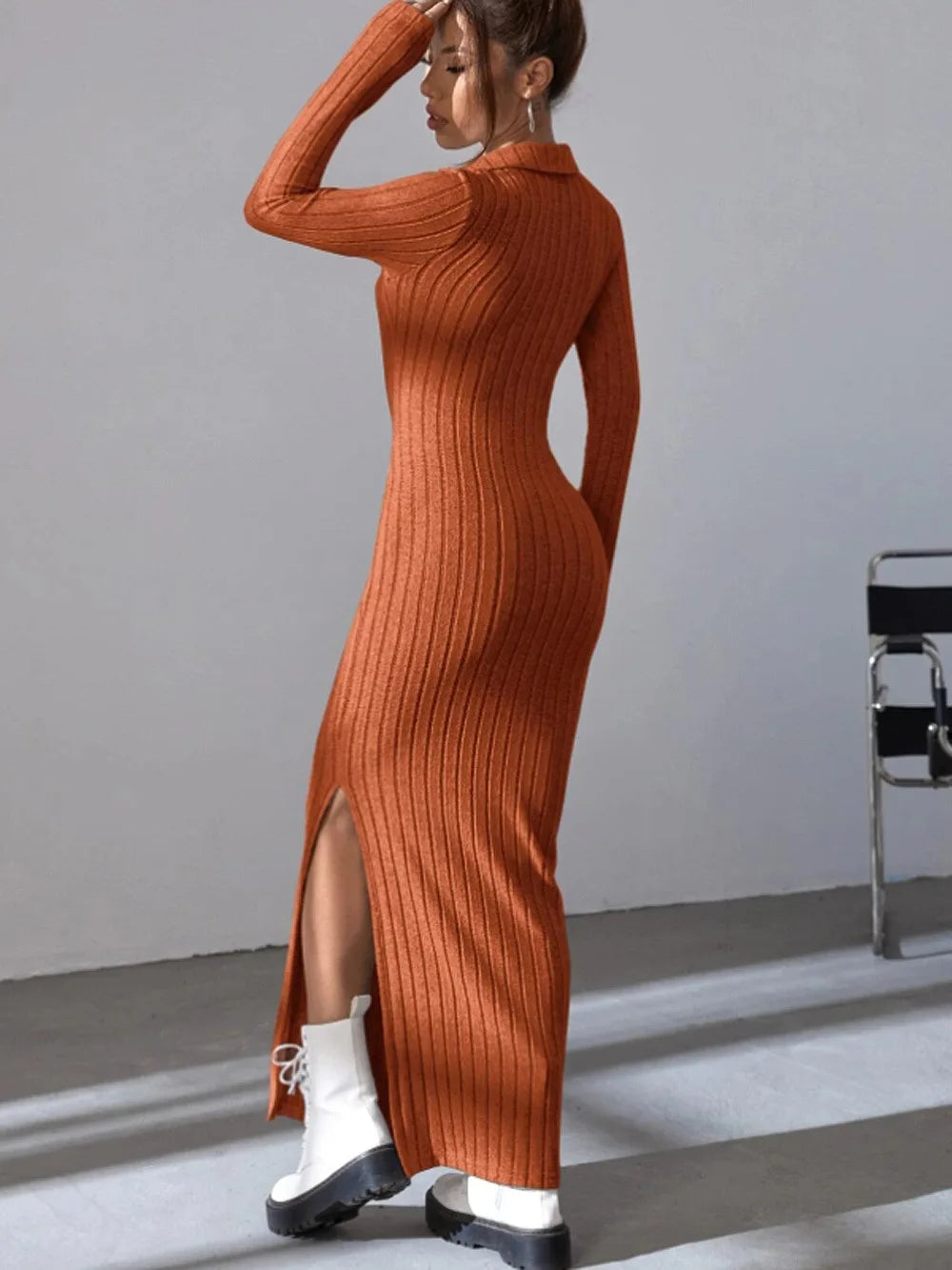 New style knitted slim lapel long sleeve dress pit strip solid color tight skirt