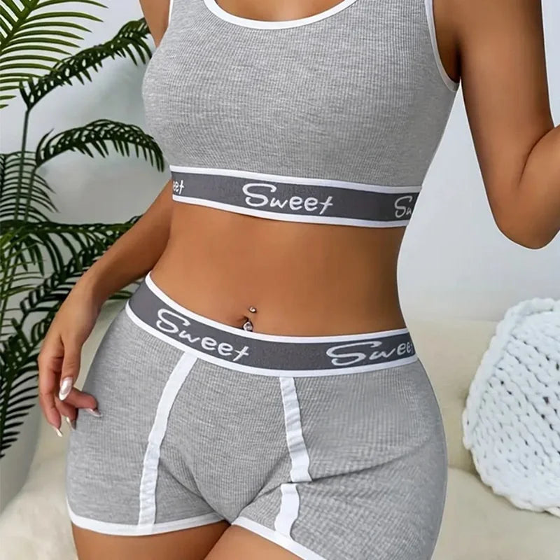 Women Seamless Underwear Set Fitness Pure Cotton Underwear Wide-brimmed Letter Sports Vest Middle Waist Boxer Briefs Bra Set