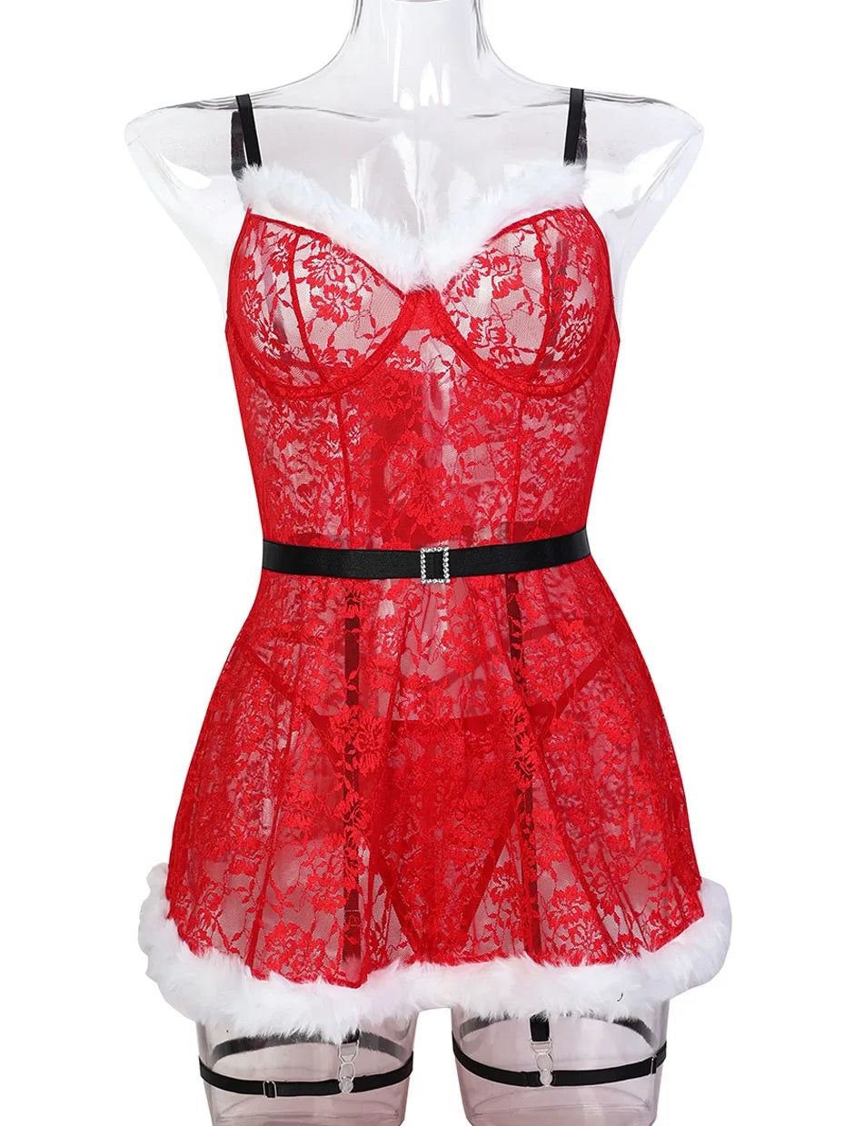 JSY Sexy Christmas Cosplay Lingerie Women Underwear Red Lace Feather Dress Babydoll Nightgown Sleepwear