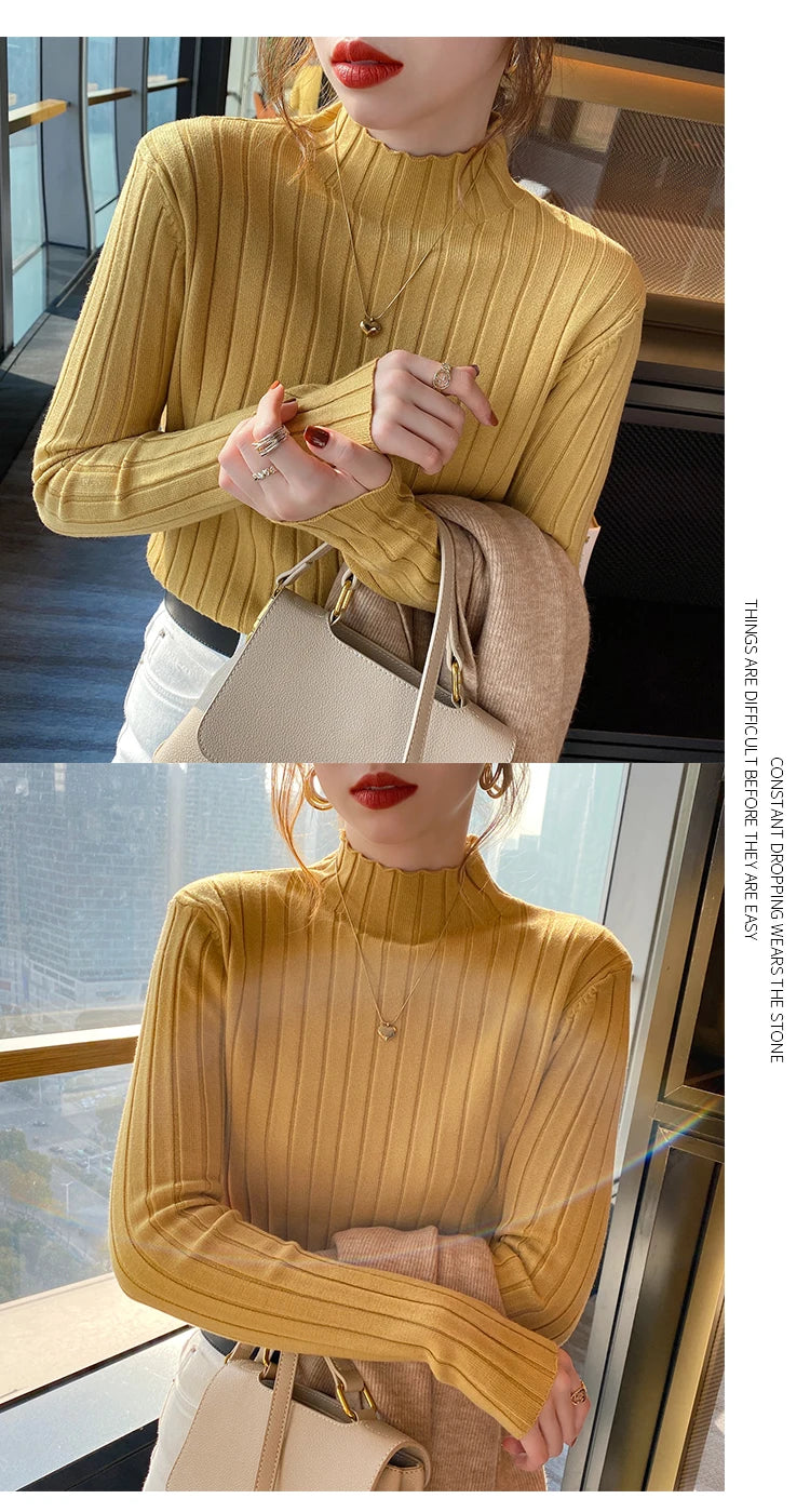 2024 Long Sleeve Slim Basic Pullover Woman Sweaters Solid Tops