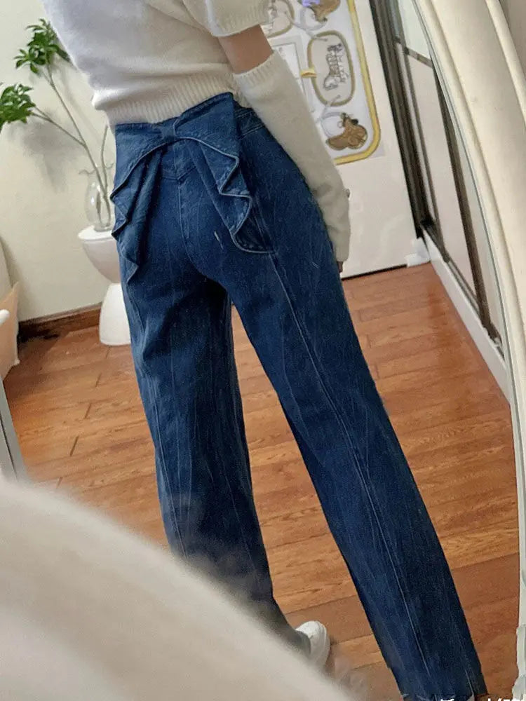 Sweet Style Street Blue American Retro Back Bow High Waisted Jeans for Women Spring New Niche Wide Leg Straight Leg Y2k Pants