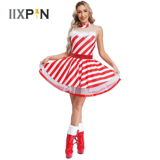 Women Christmas Party Dress Candy Cane Santa Claus Costume Sleeveless Sequins Striped Ballet Tutu Dress