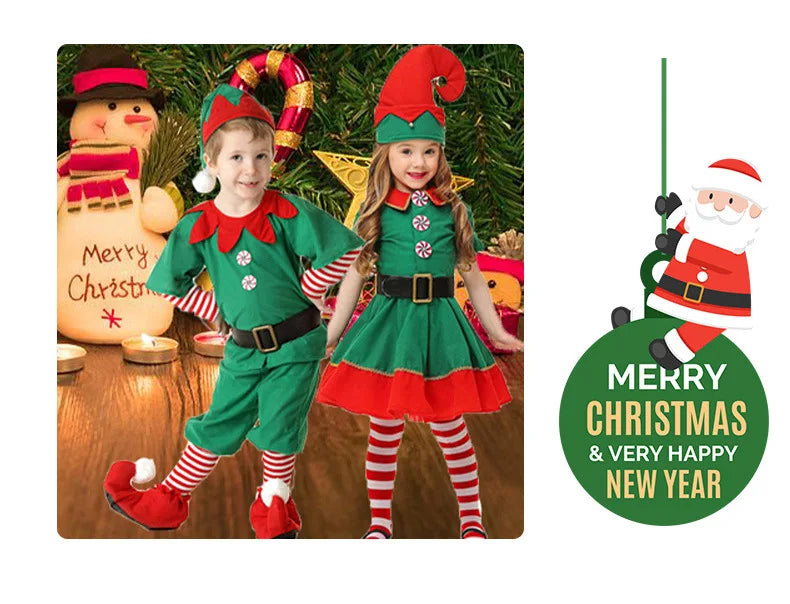 Christmas Girls Boys Santa Claus Costume Green Elf Cosplay  Outfits Carnival Party Festival Xmas New Year Fancy Dress Clothe Set