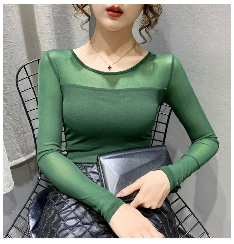 Autumn Winter Round Neck T shirt Women Sexy Mesh Bottoming Shirt Long Sleeve Solid Color Slim Fit Long Sleeve Casual Tops