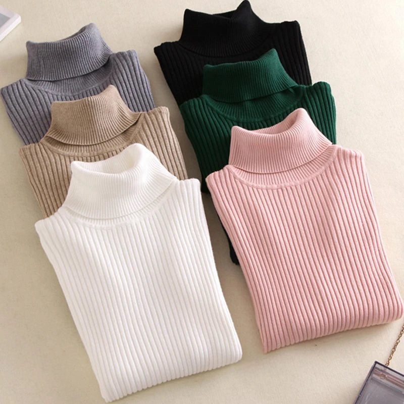 2024 Autumn Winter Women Knit Solid Turtleneck Pull Sweater Casual Rib Jumper Tops Female Home Pullover Y2K Clothing