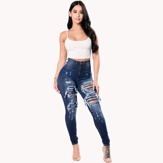 HOLE Denim Women
 High Waist Ripped Jeans for Women Skinny Black Pockets Jeans Woman Elastic Slim Jean