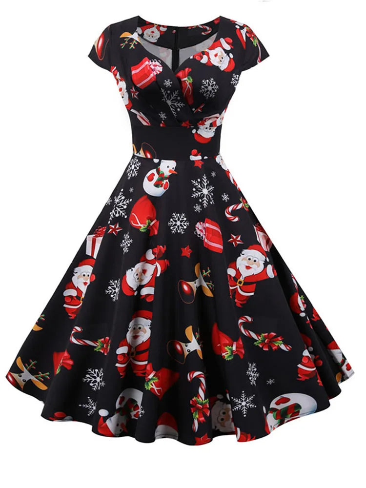 Christmas Party Dress Women Short Sleeve V Neck Elegant Vintage Print Xmas New Year Prom Sundress