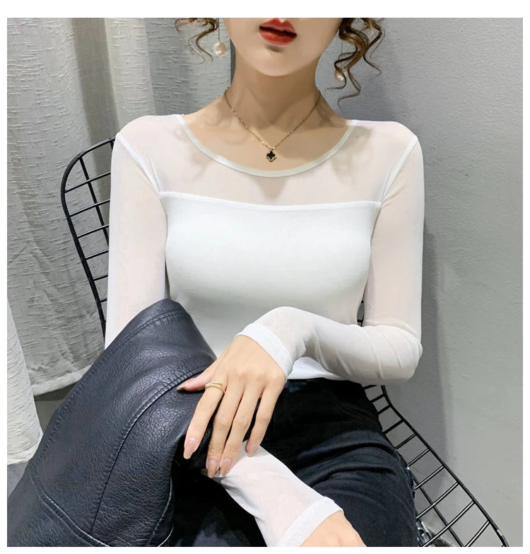 Autumn Winter Round Neck T shirt Women Sexy Mesh Bottoming Shirt Long Sleeve Solid Color Slim Fit Long Sleeve Casual Tops