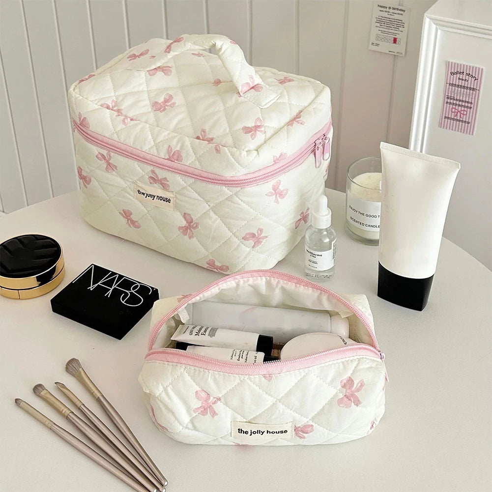 Cute Bow Flower Quilting Cotton Makeup Bag Women Zipper Cosmetic Organizer
 Cloth Handbag
 for Girls
