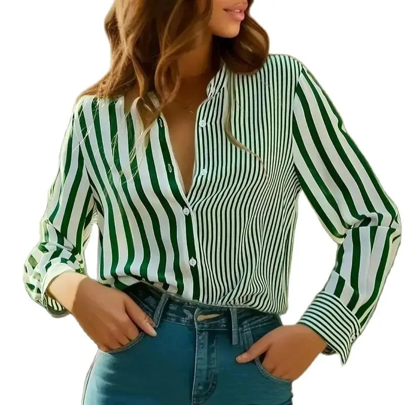 Fashion Women's Shirts & Blouses,Green Elegant Stripes Print Shirt,2024