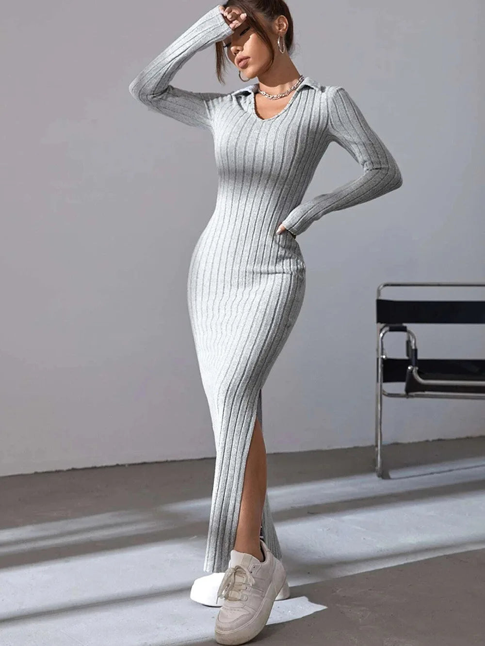 New style knitted slim lapel long sleeve dress pit strip solid color tight skirt