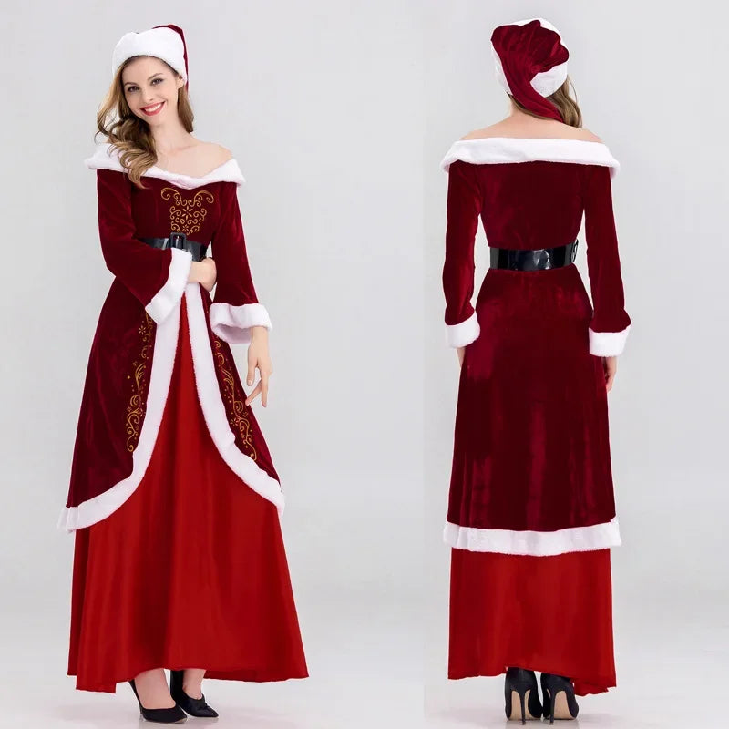 Deluxe Classic Mrs. Claus Christmas Costume Xmas Party Santa Claus Cosplay Women Red Dress