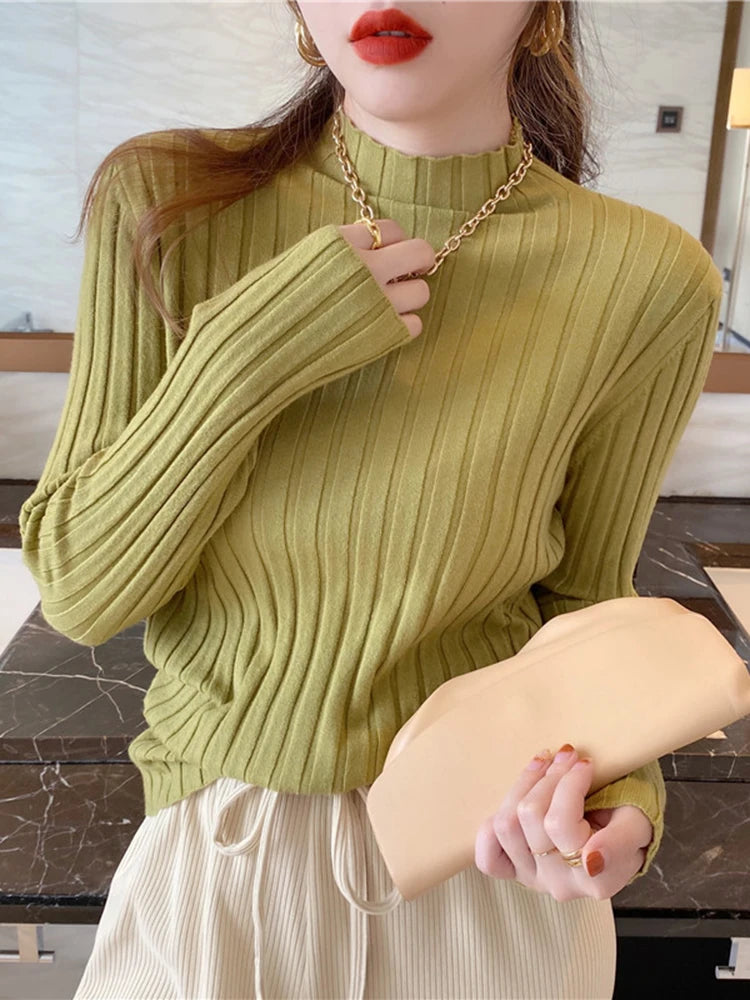 2024 Long Sleeve Slim Basic Pullover Woman Sweaters Solid Tops