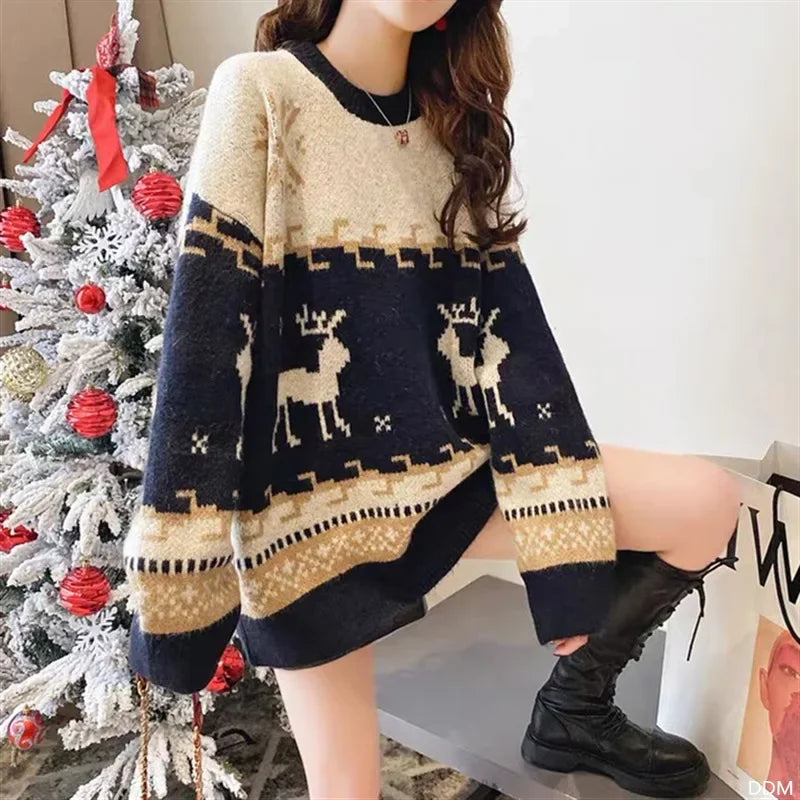 Christmas Deer Sweater Women's Pullover 
 New Korean Style Loose Fit Long Sleeve Versatile Knitted Top