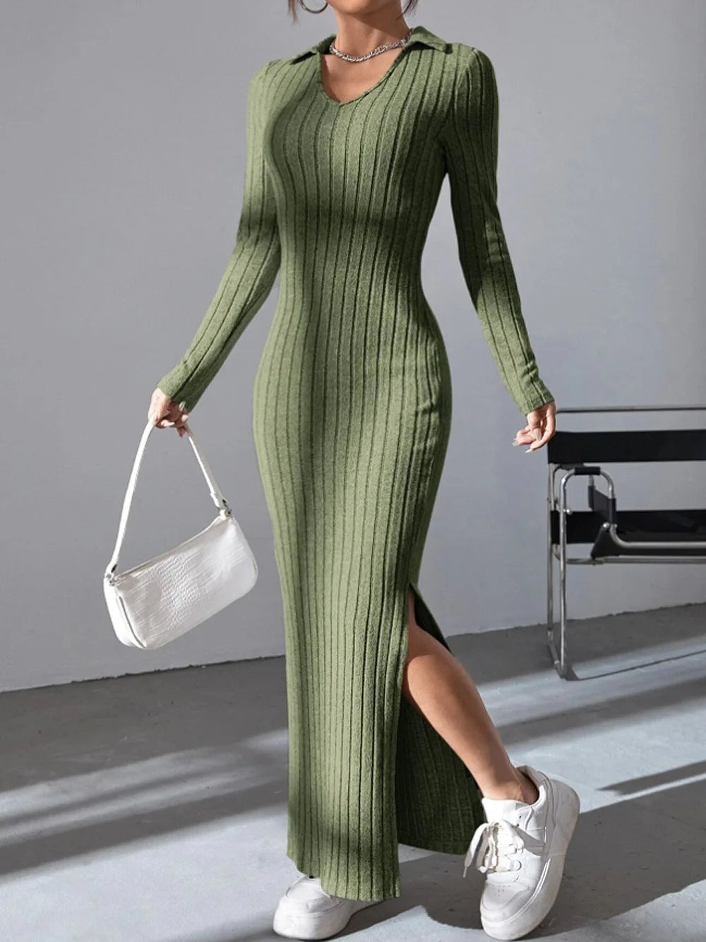 New style knitted slim lapel long sleeve dress pit strip solid color tight skirt