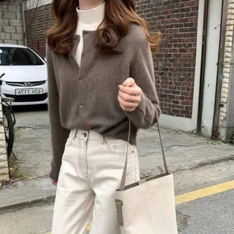 Fall Solid Color Knitted Cardigan Women Korean Single Breasted Long Sleeve Jumper Woman Round Neck All Match Sweater Outwear Top