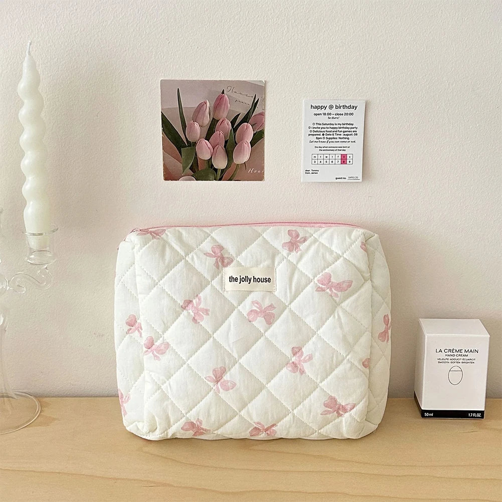 Cute Bow Flower Quilting Cotton Makeup Bag Women Zipper Cosmetic Organizer
 Cloth Handbag
 for Girls