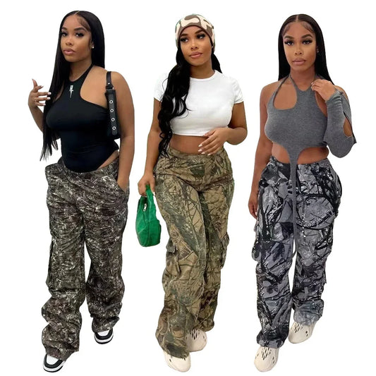 Women's Casual Fashion Camouflage Printing Cargo Pants T23318 European American Style One Piece Agent Shipping