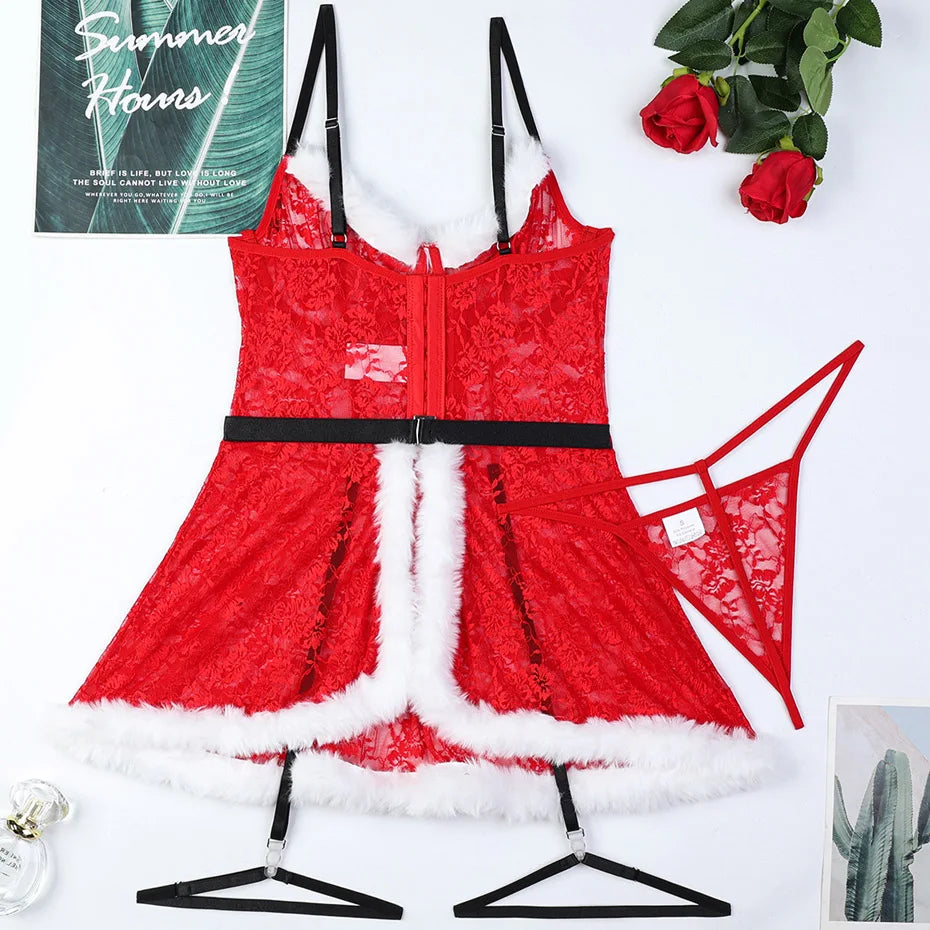 JSY Sexy Christmas Cosplay Lingerie Women Underwear Red Lace Feather Dress Babydoll Nightgown Sleepwear