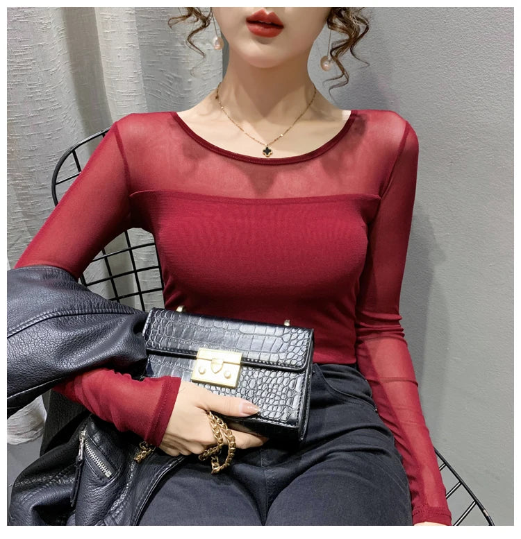 Autumn Winter Round Neck T shirt Women Sexy Mesh Bottoming Shirt Long Sleeve Solid Color Slim Fit Long Sleeve Casual Tops