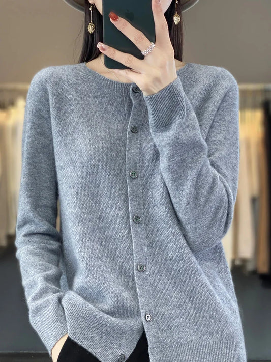 Fashion Women 100% Merino Wool Cardigans Cashmere Sweater Autumn Winter O-neck Long Sleeve Knitwear