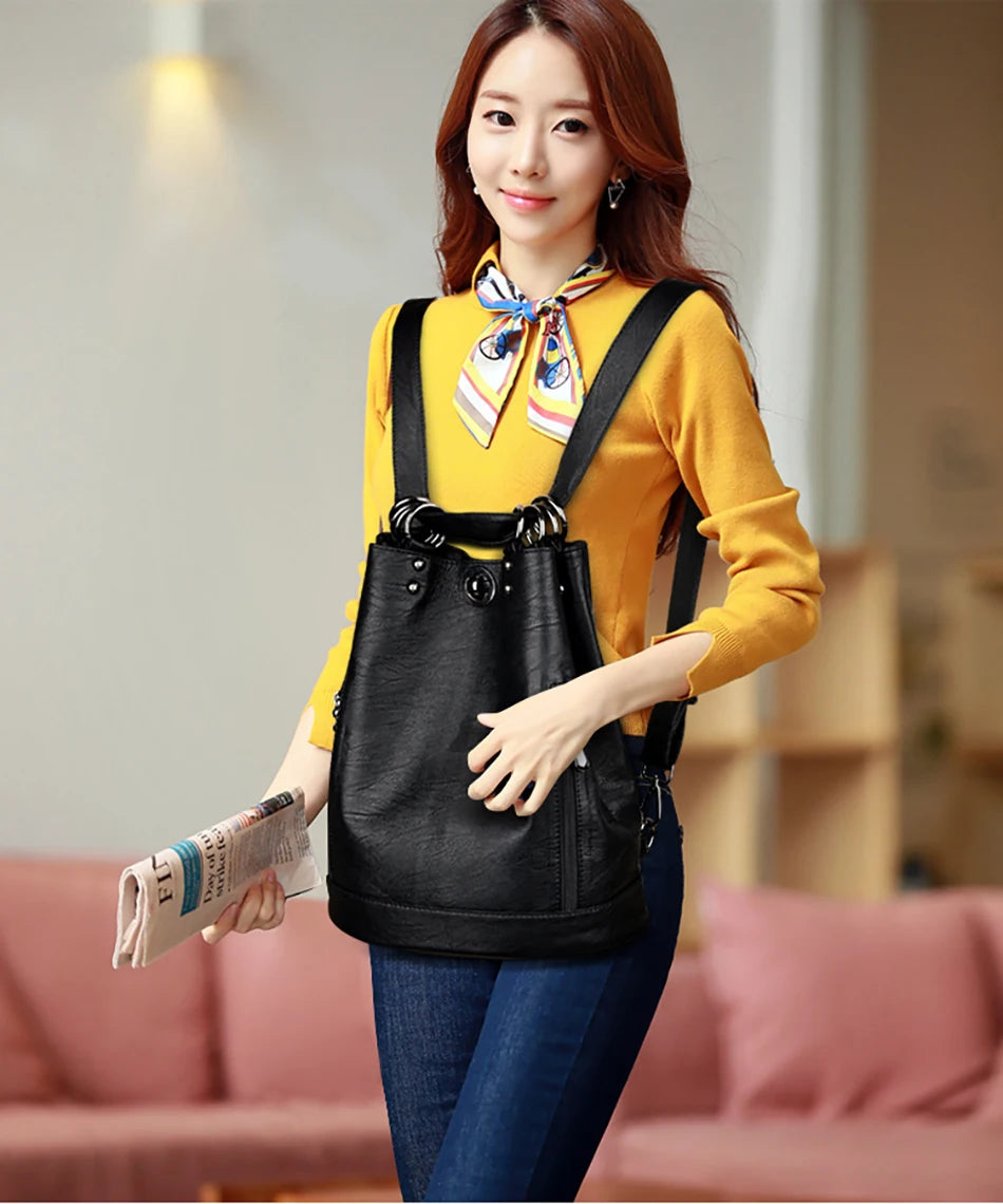 Women Leather Backpacks Multifunction Women Vintage Shoulder Bag Ladies Rucksack Large Capacity