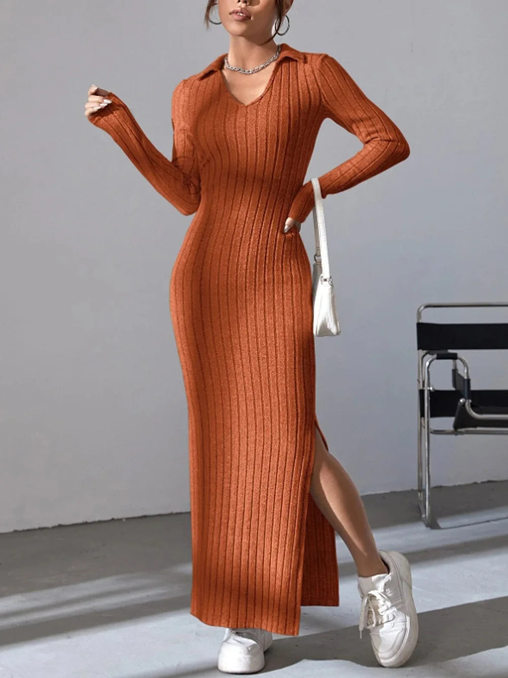 New style knitted slim lapel long sleeve dress pit strip solid color tight skirt