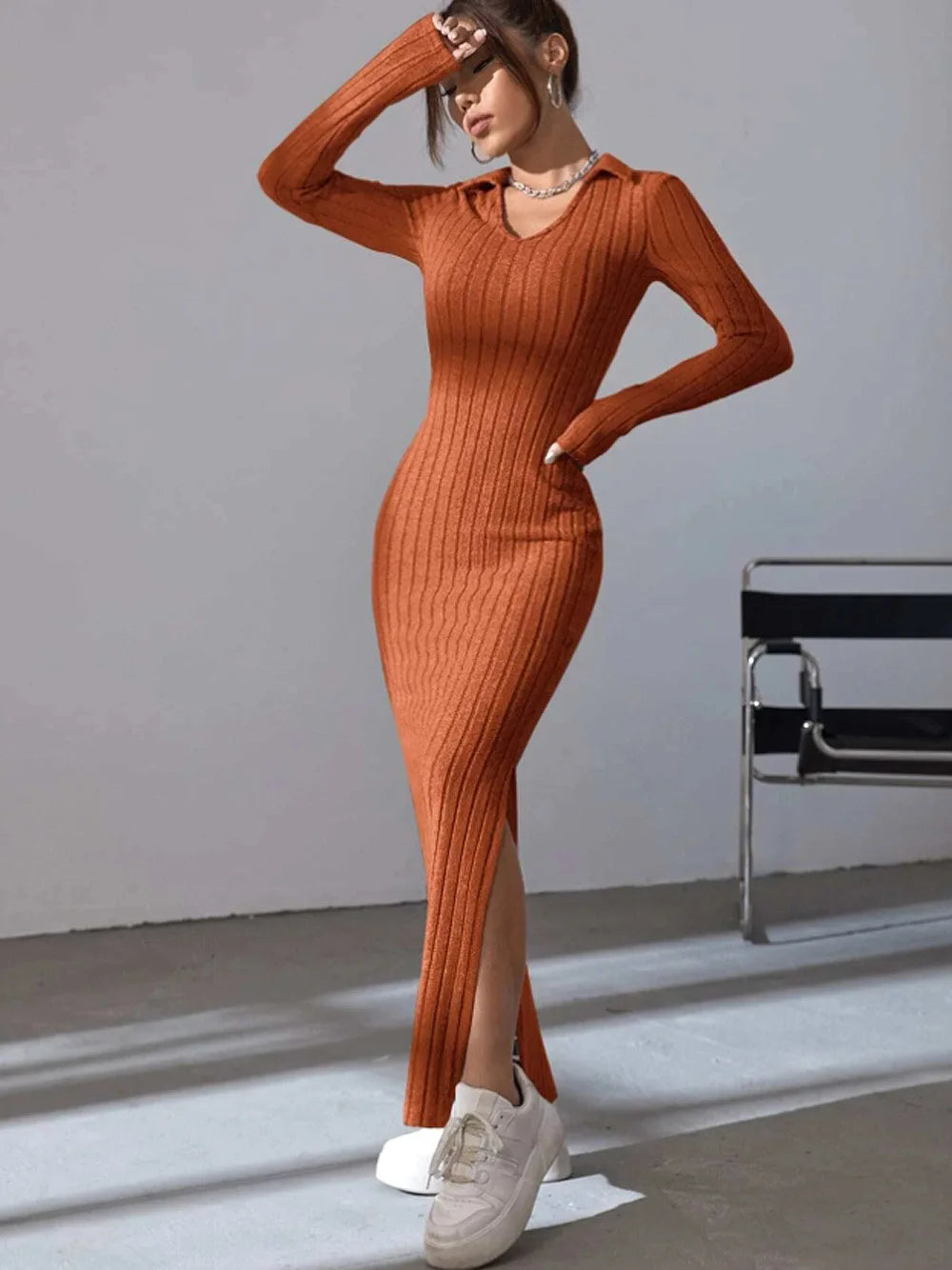 New style knitted slim lapel long sleeve dress pit strip solid color tight skirt