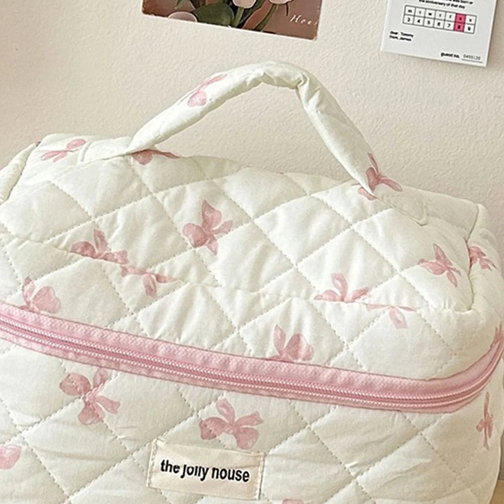 Cute Bow Flower Quilting Cotton Makeup Bag Women Zipper Cosmetic Organizer
 Cloth Handbag
 for Girls