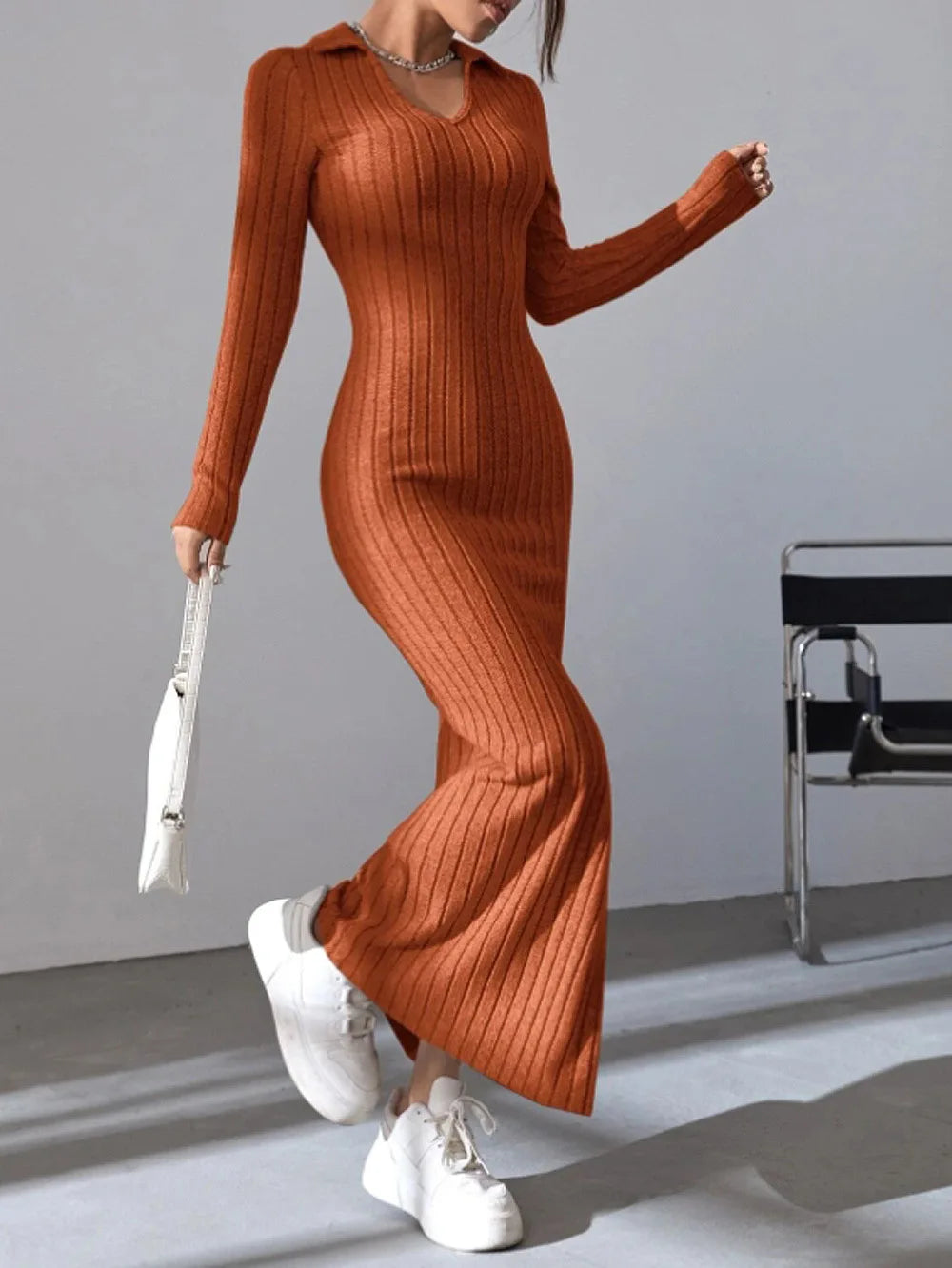 New style knitted slim lapel long sleeve dress pit strip solid color tight skirt