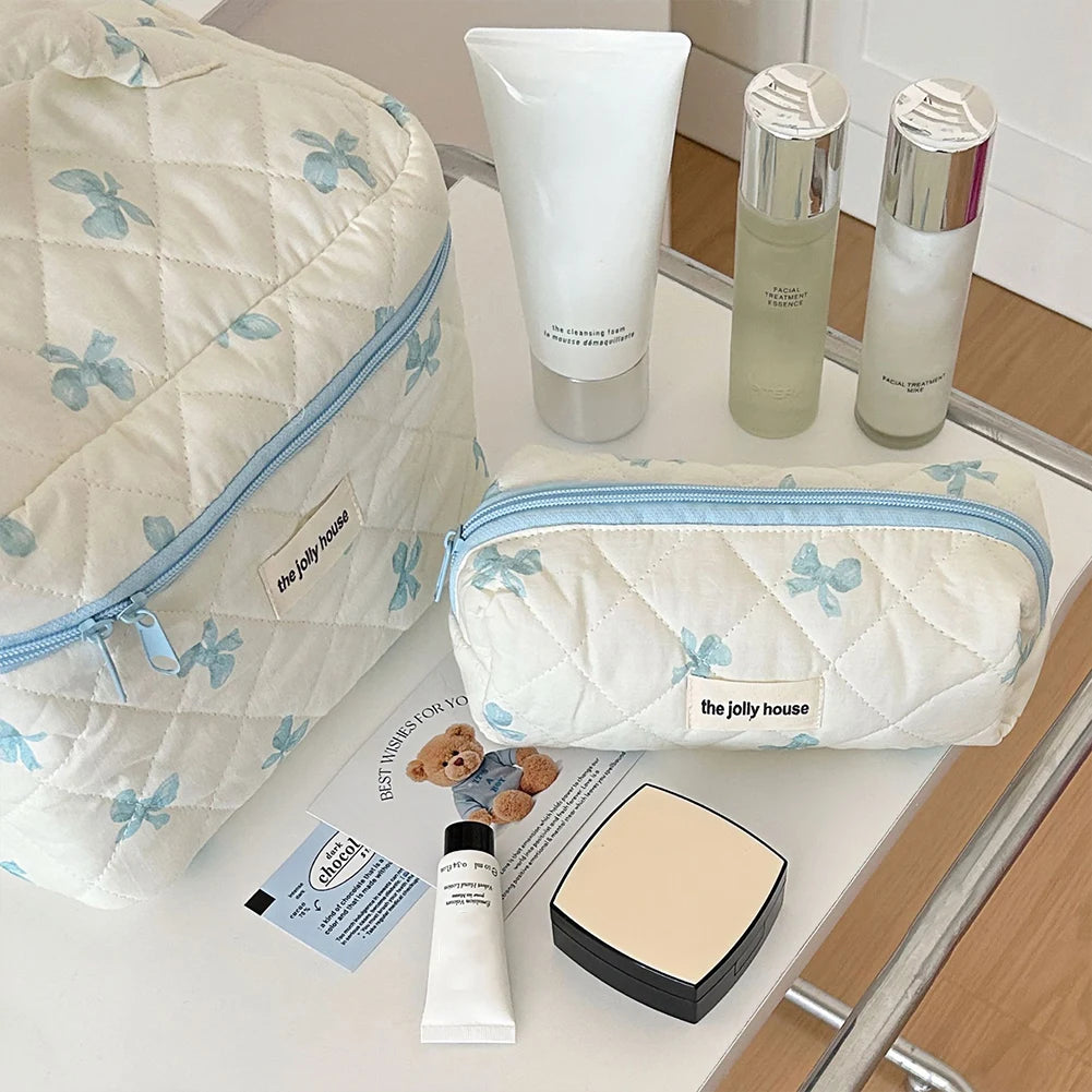 Cute Bow Flower Quilting Cotton Makeup Bag Women Zipper Cosmetic Organizer
 Cloth Handbag
 for Girls