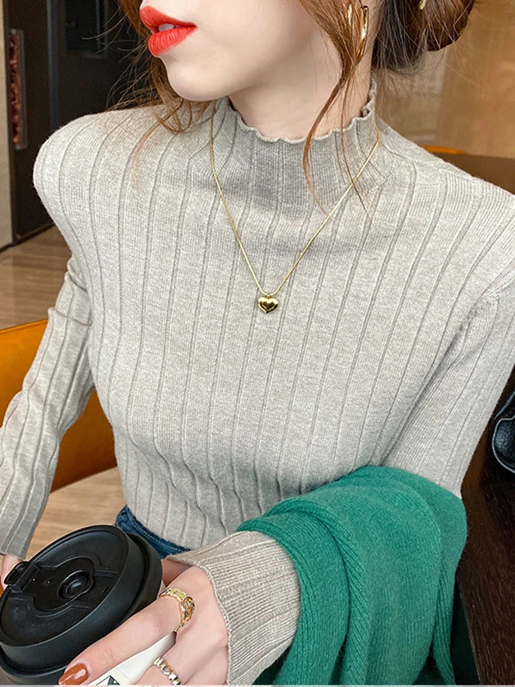 2024 Long Sleeve Slim Basic Pullover Woman Sweaters Solid Tops