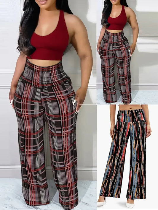 Women's Plaid Wide Leg Pants   High Waist Casual Loose Trousers for Spring   Summer