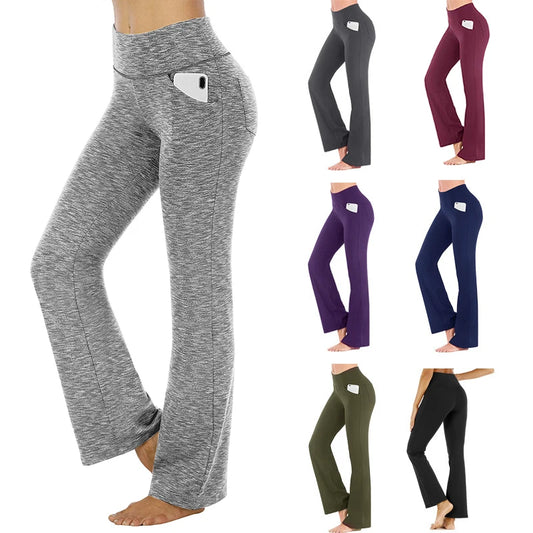 Straight Flare Pants Elastic High Waist Yoga Pockets Casual 
 Women Clothing
 Trouser Slim Long Pants