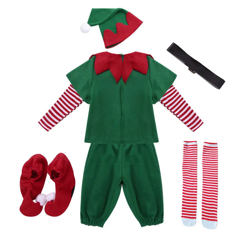 Christmas Girls Boys Santa Claus Costume Green Elf Cosplay  Outfits Carnival Party Festival Xmas New Year Fancy Dress Clothe Set