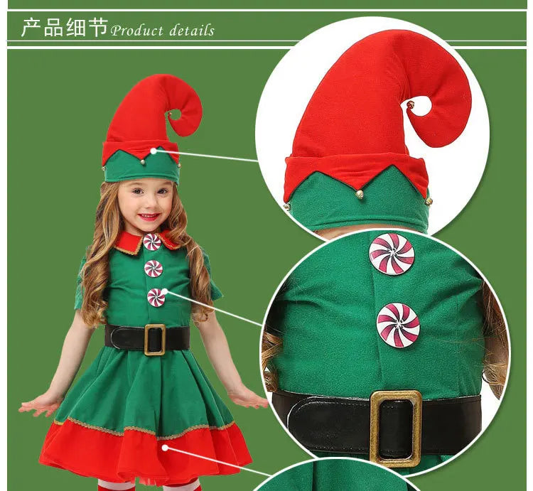 Christmas Girls Boys Santa Claus Costume Green Elf Cosplay  Outfits Carnival Party Festival Xmas New Year Fancy Dress Clothe Set