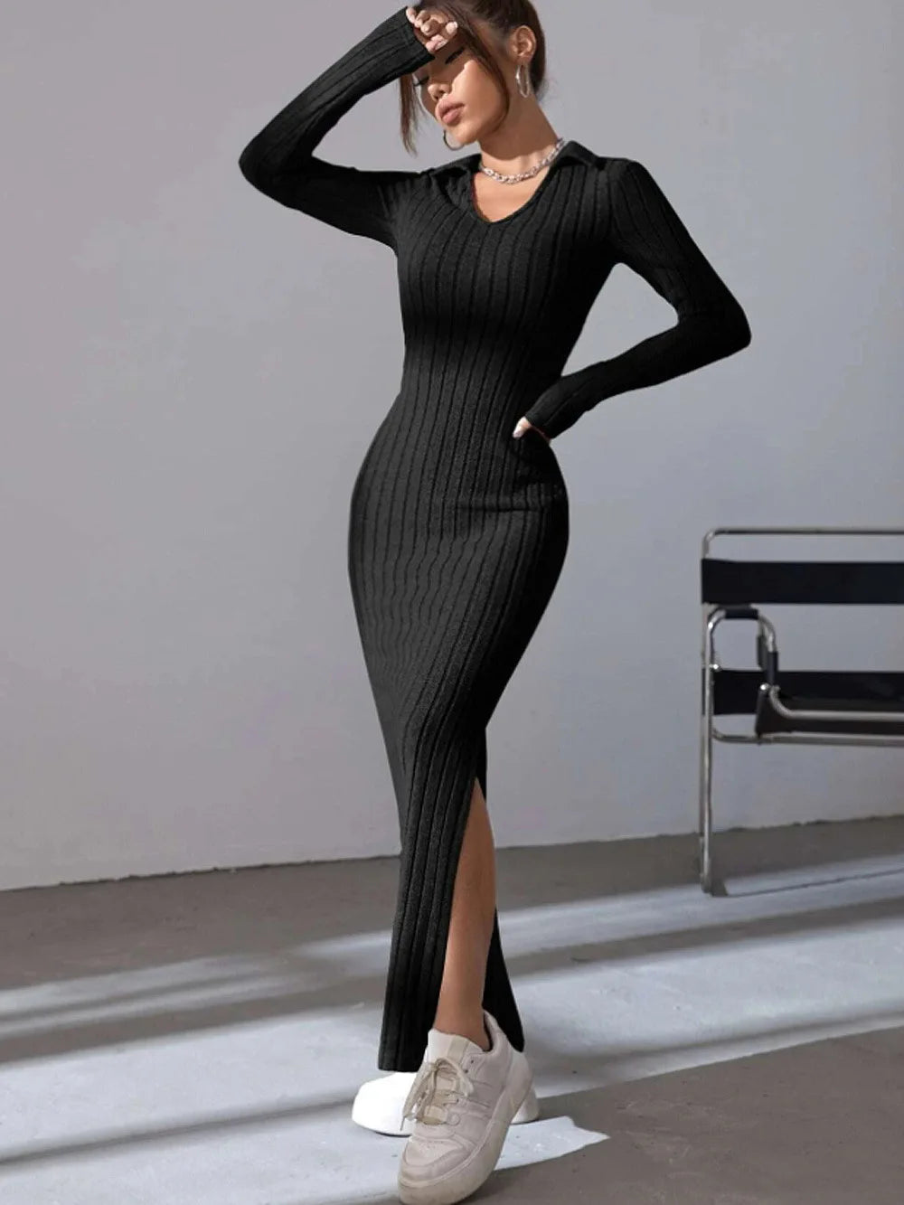 New style knitted slim lapel long sleeve dress pit strip solid color tight skirt