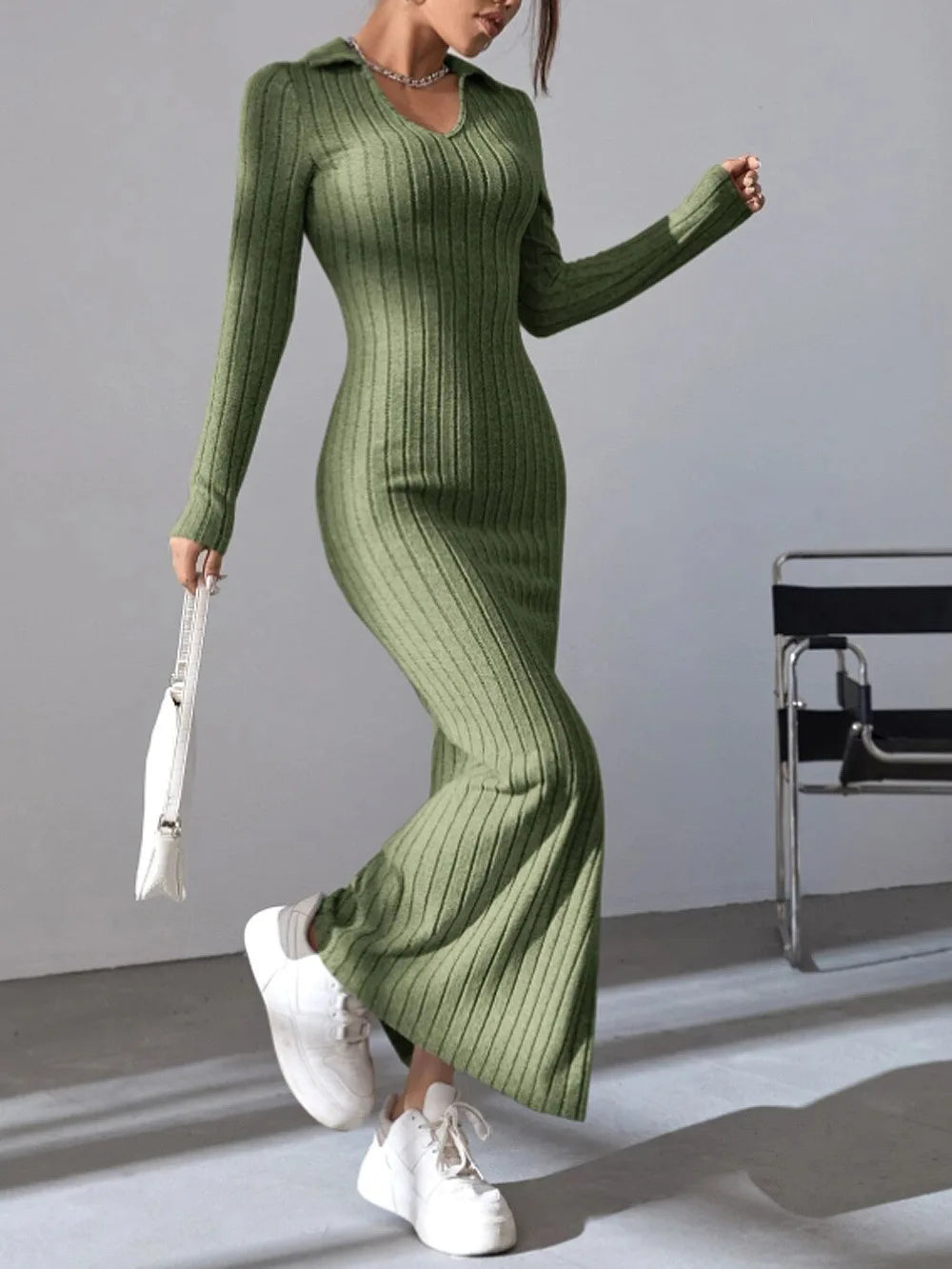 New style knitted slim lapel long sleeve dress pit strip solid color tight skirt