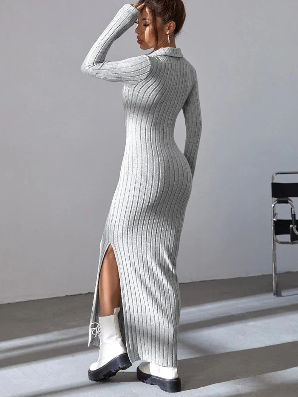 New style knitted slim lapel long sleeve dress pit strip solid color tight skirt