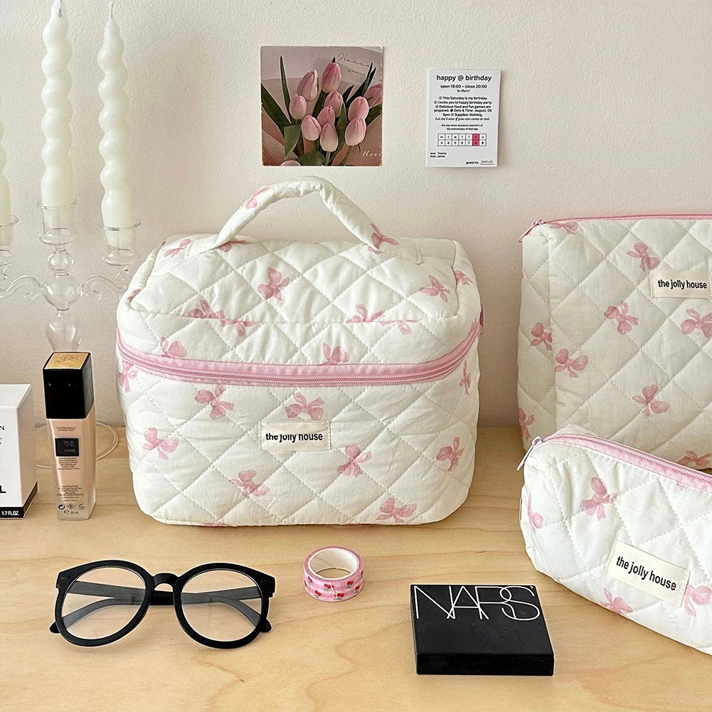 Cute Bow Flower Quilting Cotton Makeup Bag Women Zipper Cosmetic Organizer
 Cloth Handbag
 for Girls
