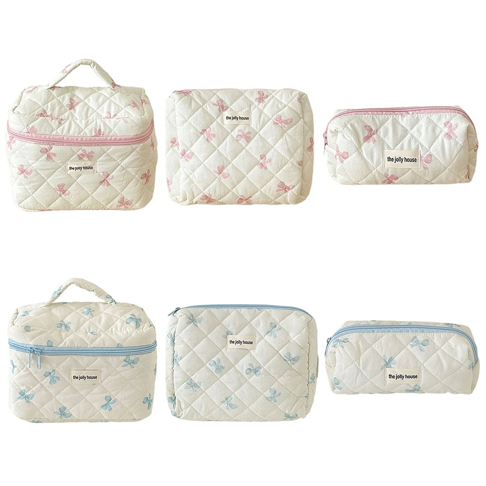 Cute Bow Flower Quilting Cotton Makeup Bag Women Zipper Cosmetic Organizer
 Cloth Handbag
 for Girls