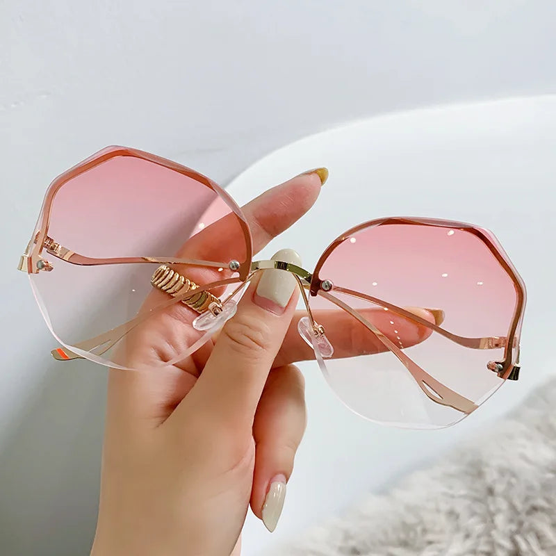 Luxury Round Gradient Sunglasses Women Metal Curved Temples Eyewear Ocean Rimless Fashion Sun Glasses