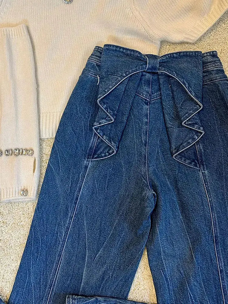 Sweet Style Street Blue American Retro Back Bow High Waisted Jeans for Women Spring New Niche Wide Leg Straight Leg Y2k Pants