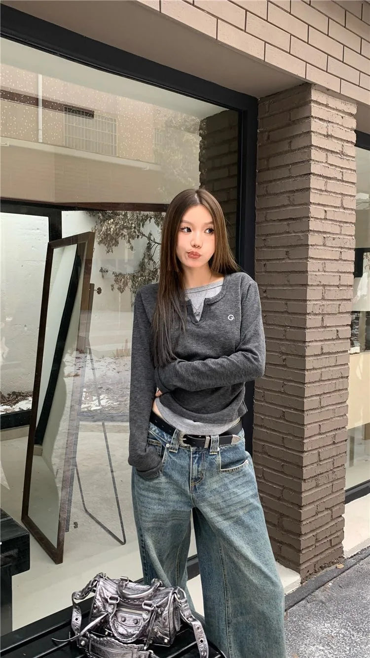 2024 Autumn Winter Long Sleeves Korean Fashion Style O-neck Tshirt For Women