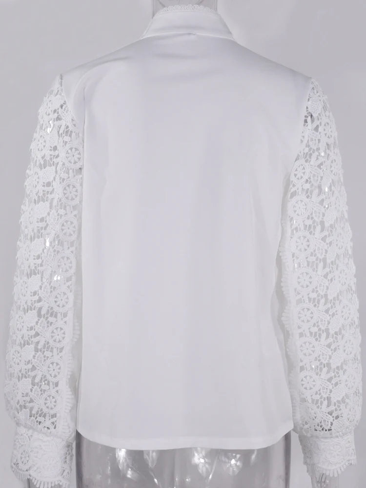 Shirts Elegant Office Ladies White Collared Lace Patchwork Hollow Out Button Up Womens Tops