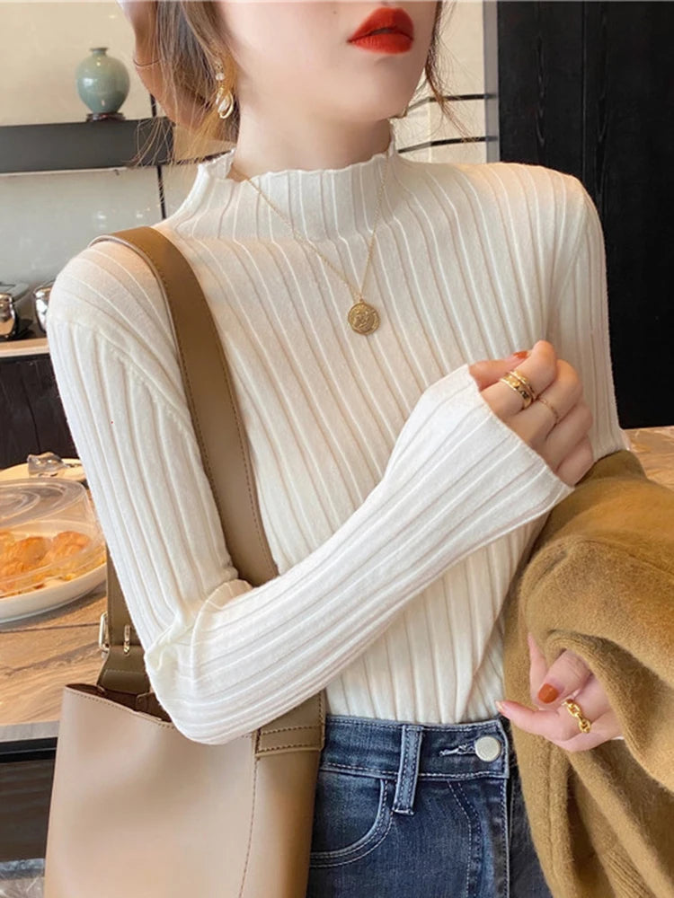 2024 Long Sleeve Slim Basic Pullover Woman Sweaters Solid Tops