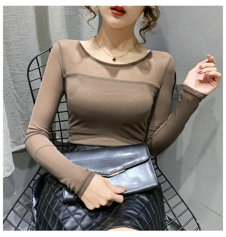 Autumn Winter Round Neck T shirt Women Sexy Mesh Bottoming Shirt Long Sleeve Solid Color Slim Fit Long Sleeve Casual Tops