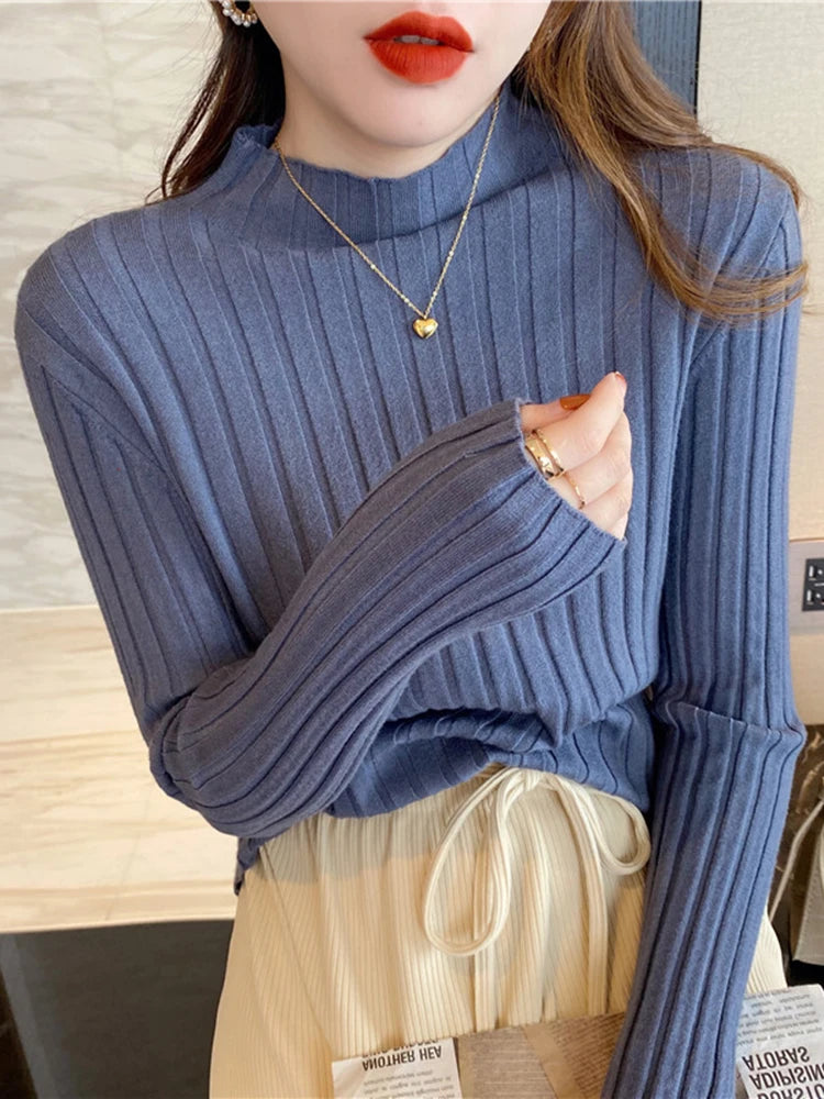 2024 Long Sleeve Slim Basic Pullover Woman Sweaters Solid Tops