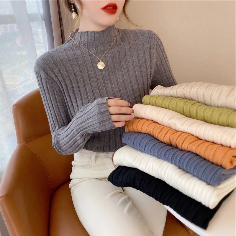 2024 Long Sleeve Slim Basic Pullover Woman Sweaters Solid Tops