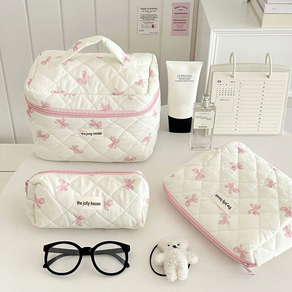 Cute Bow Flower Quilting Cotton Makeup Bag Women Zipper Cosmetic Organizer
 Cloth Handbag
 for Girls